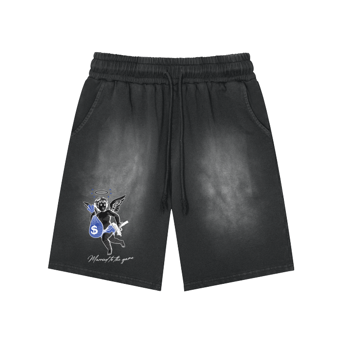 Rectangle Patch Monkey Washed Shorts  - 360 GSM