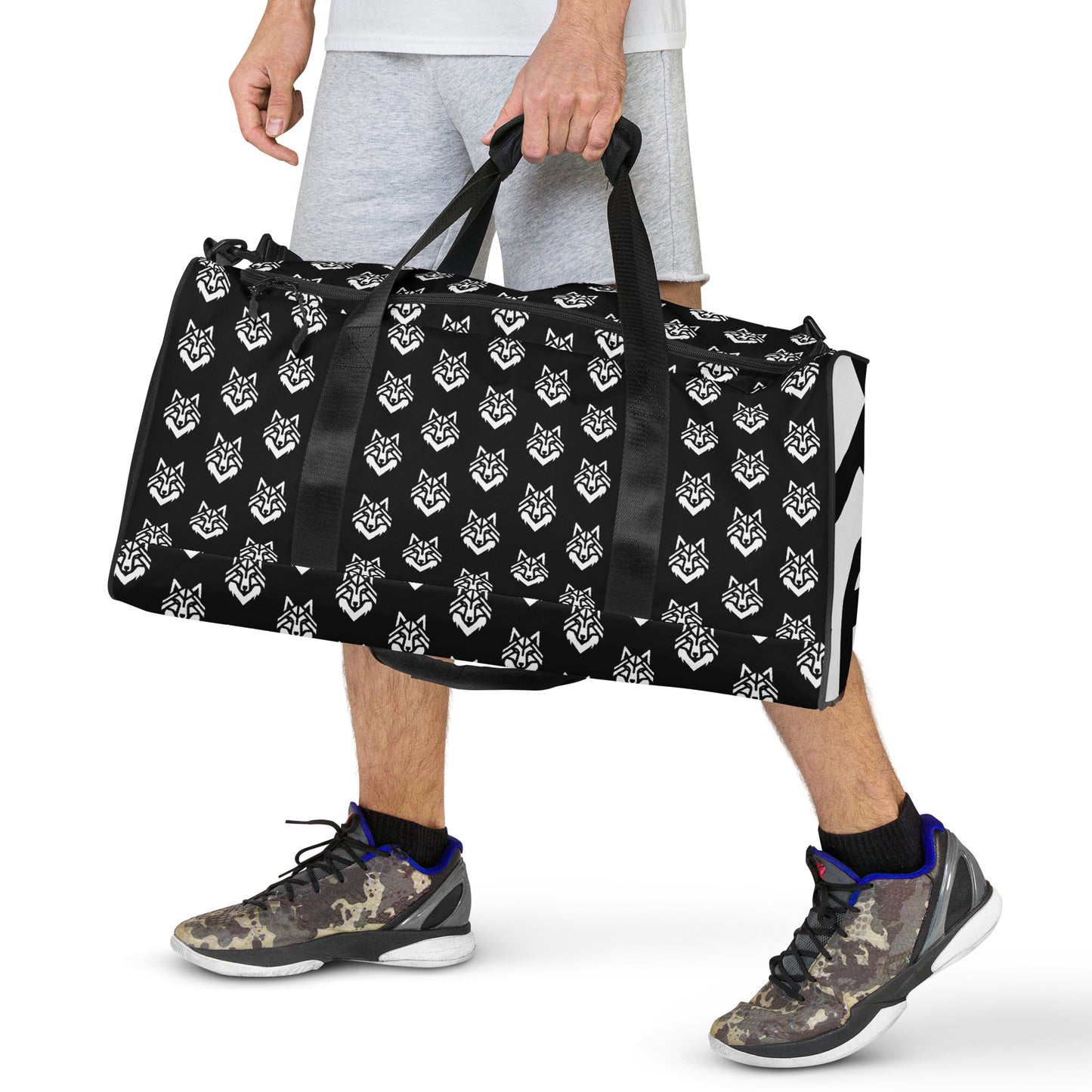 White Logo Pattern Black Duffle bag