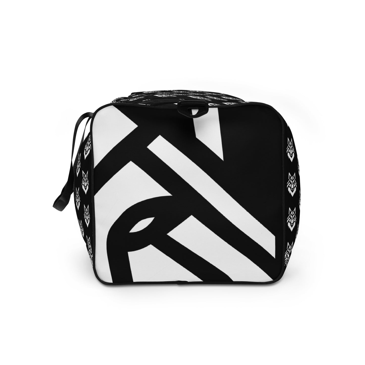 White Logo Pattern Black Duffle bag