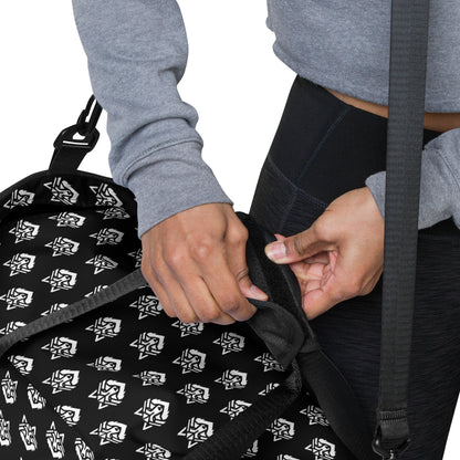 White Logo Pattern Black Duffle bag