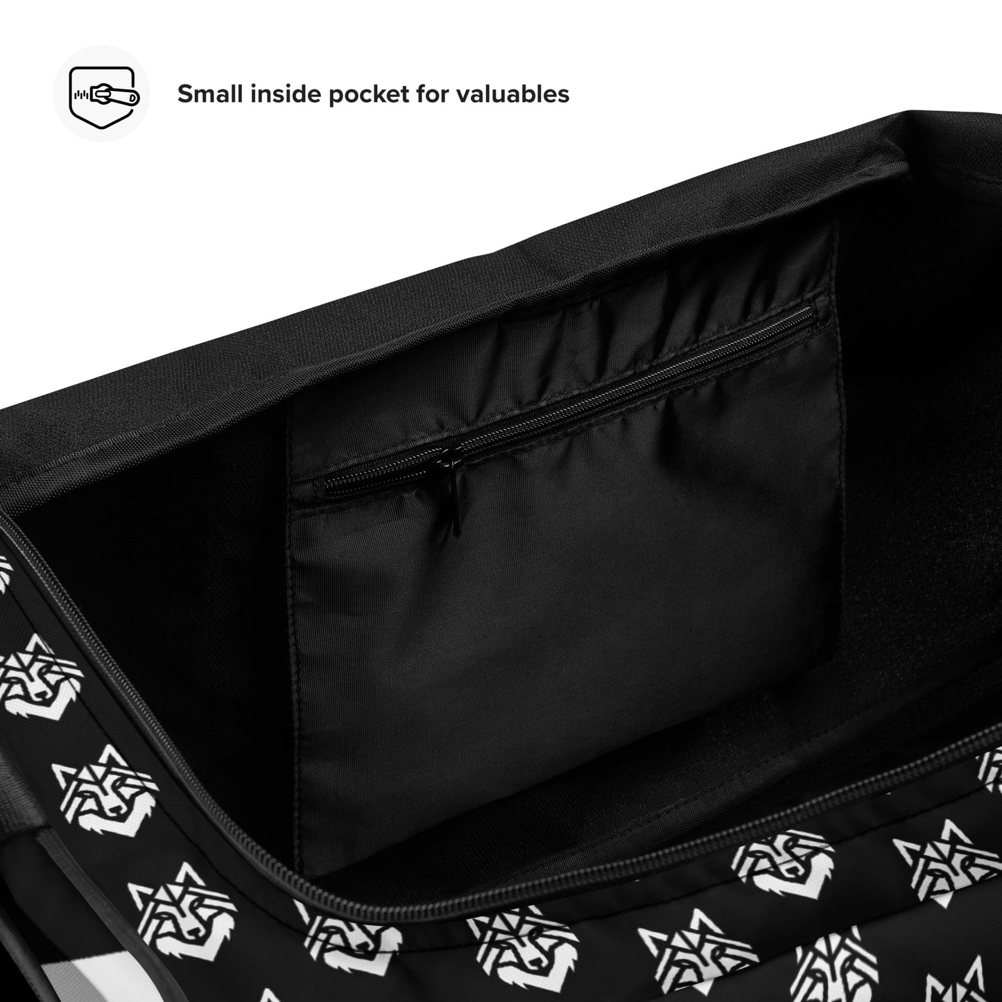 White Logo Pattern Black Duffle bag