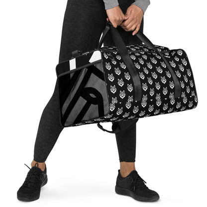 White Logo Pattern Black Duffle bag