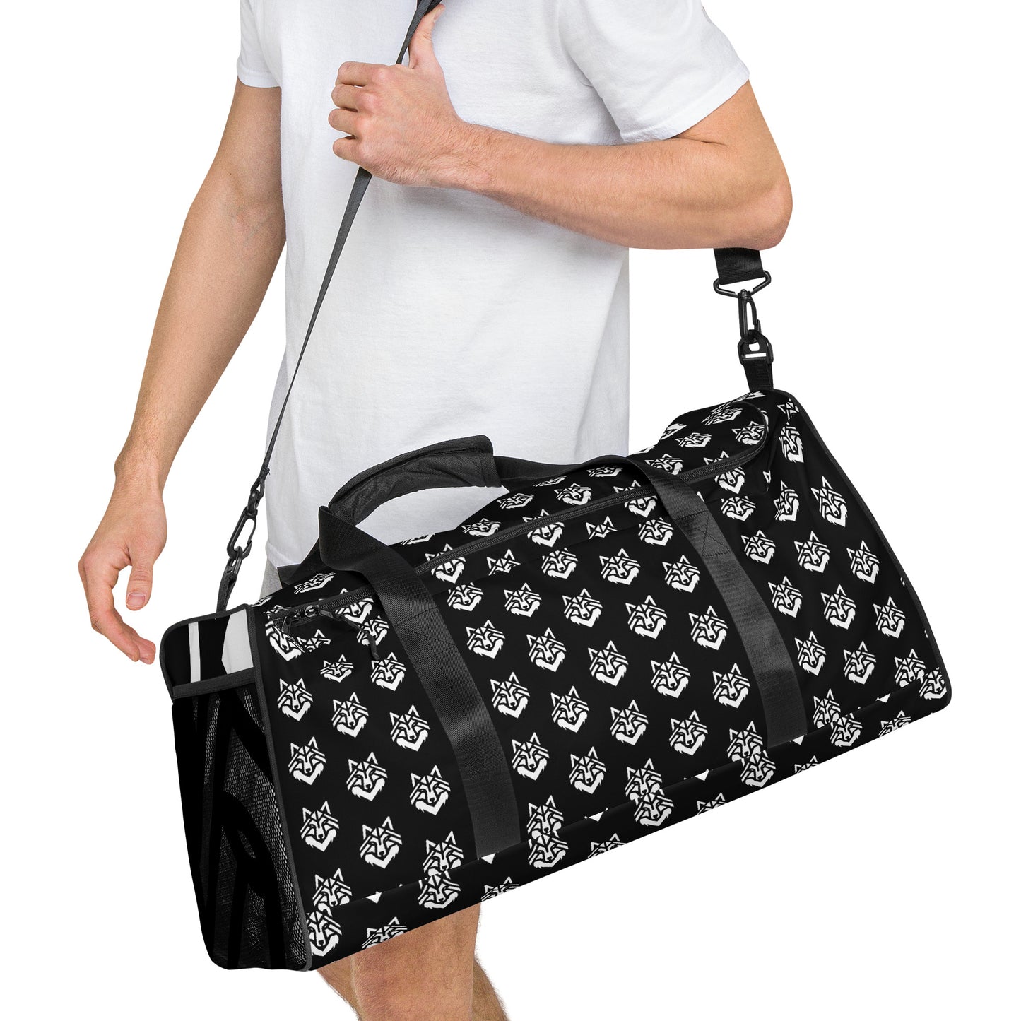 White Logo Pattern Black Duffle bag