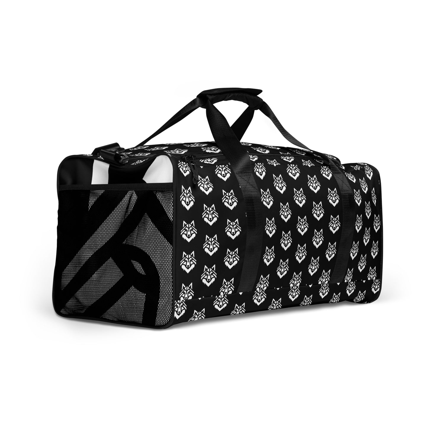 White Logo Pattern Black Duffle bag