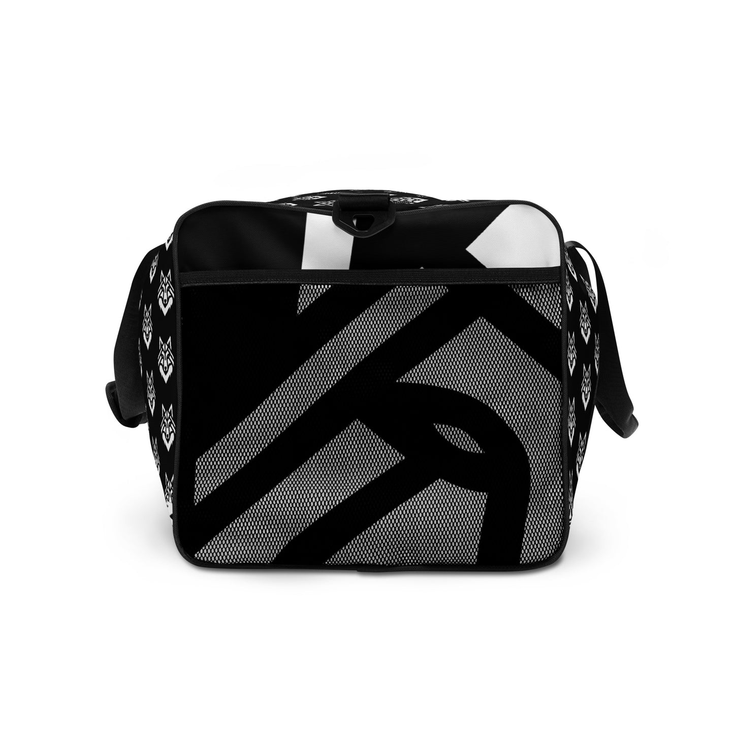 White Logo Pattern Black Duffle bag