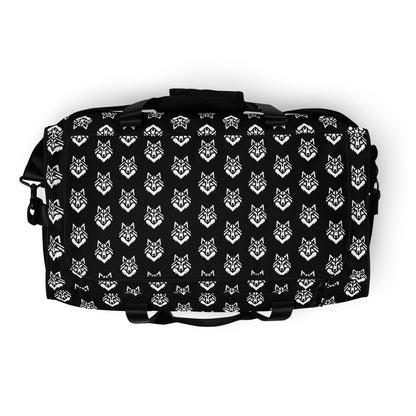 White Logo Pattern Black Duffle bag